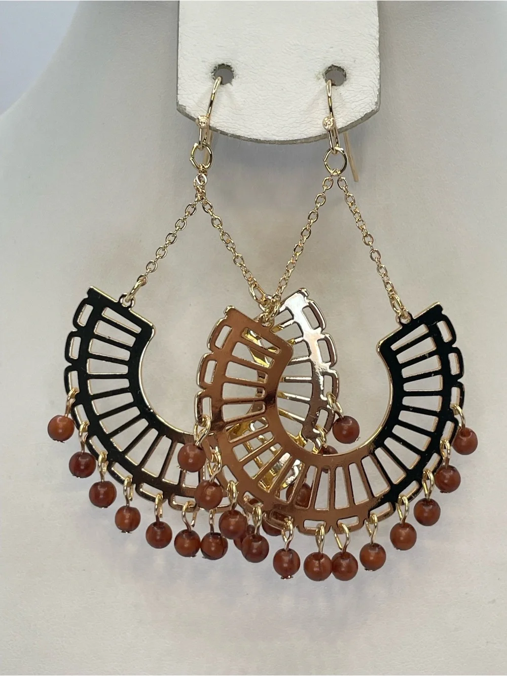 Gold Tone Boho Fan Dangle Earrings Brown Bead Fringe Statement